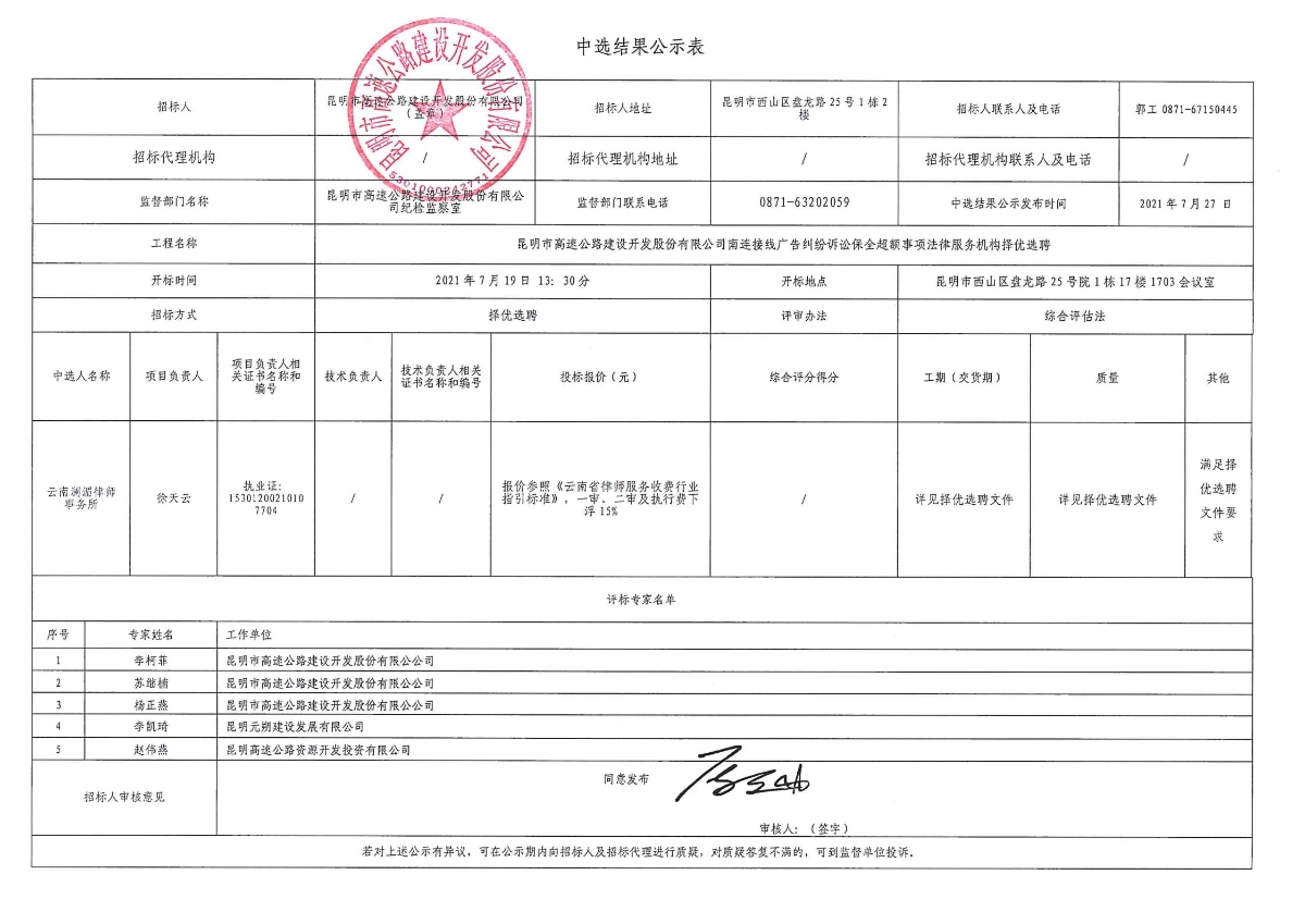 中选结果公示-昆明市高速公路建设开发股份有限公司选聘南连接线广告纠纷诉讼保全超额事项法律服务机构_00